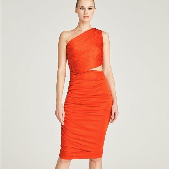 Halston Cassidy Jersey Ruched Cocktail Dress Orange One Shoulder Cut Out Size 6 - Picture 1 of 9